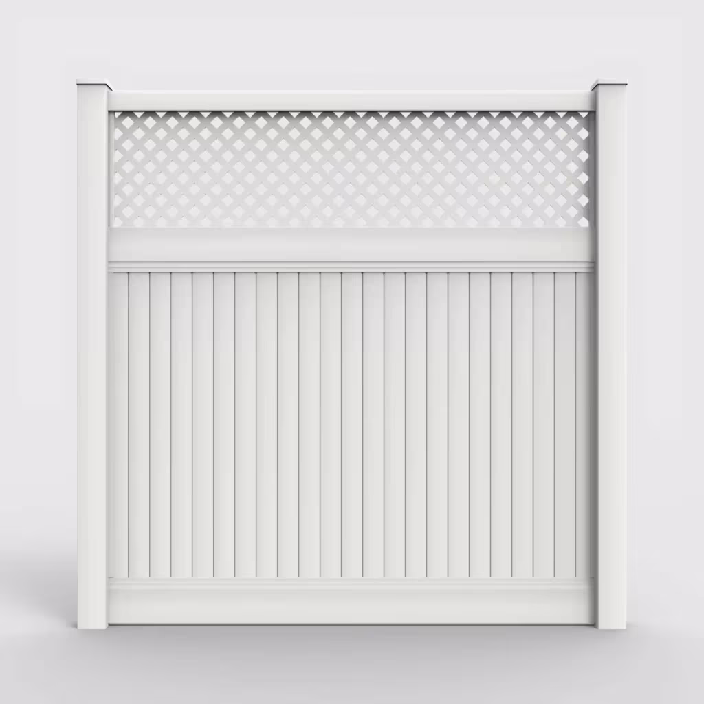 White vertical privacy with lattice top 8 ft fence, front view