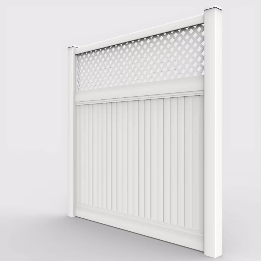 White vertical privacy with lattice top 8 ft fence, left-side view