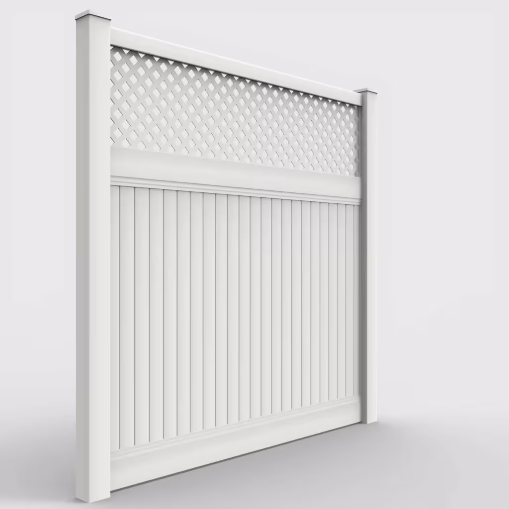 White vertical privacy with lattice top 8 ft fence, right-side view