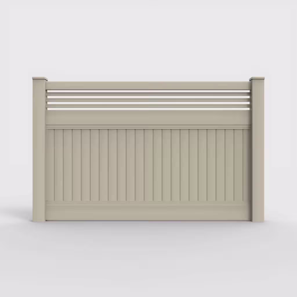 Tan vertical privacy with picket horizontal top 5 ft fence, front view