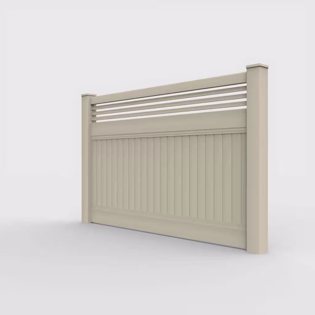 Tan vertical privacy with picket horizontal top 5 ft fence, left-side view