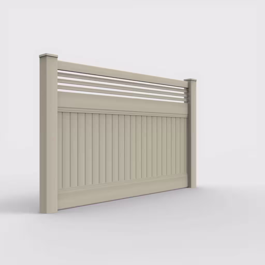 Tan vertical privacy with picket horizontal top 5 ft fence, right-side view