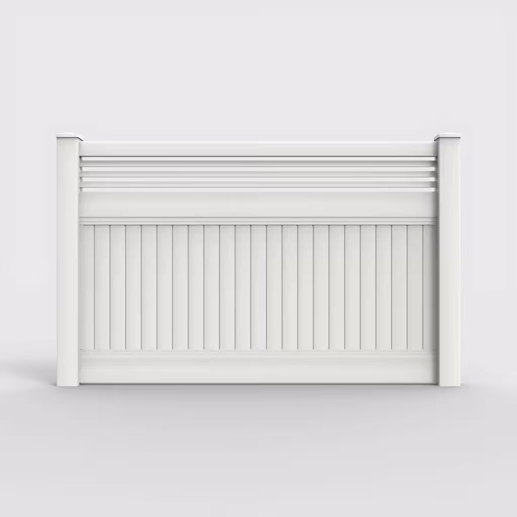 White vertical privacy with picket horizontal top 5 ft fence, front view