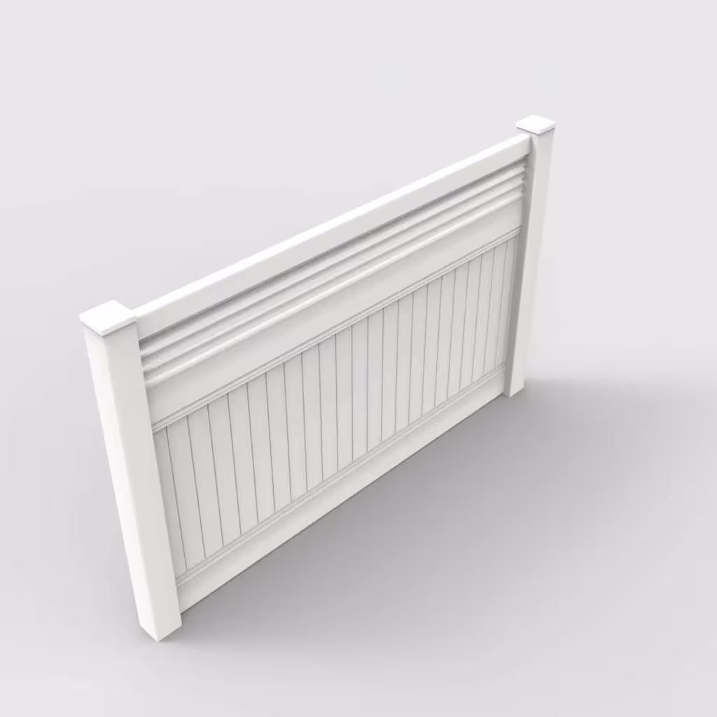 White vertical privacy with picket horizontal top 5 ft fence, isometric view