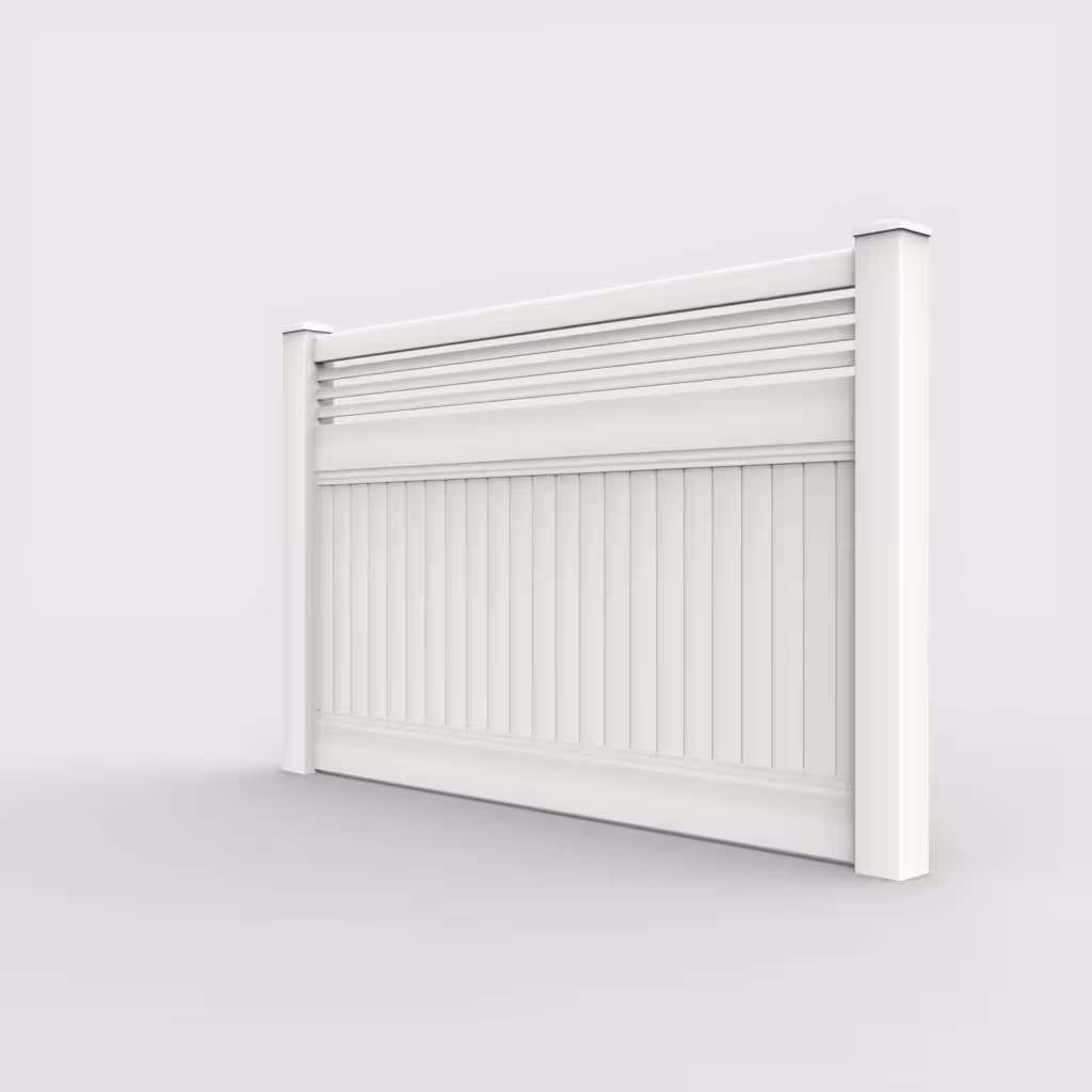 White vertical privacy with picket horizontal top 5 ft fence, left-side view