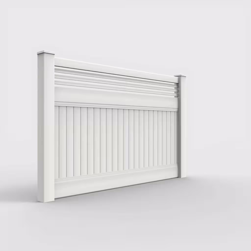 White vertical privacy with picket horizontal top 5 ft fence, right-side view