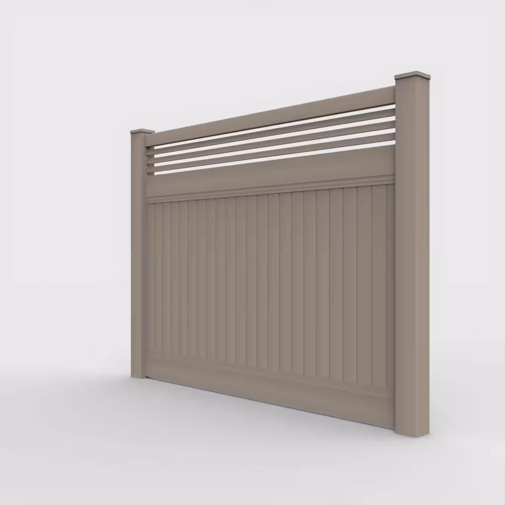 Clay vertical privacy with picket horizontal top 6 ft fence, left-side view