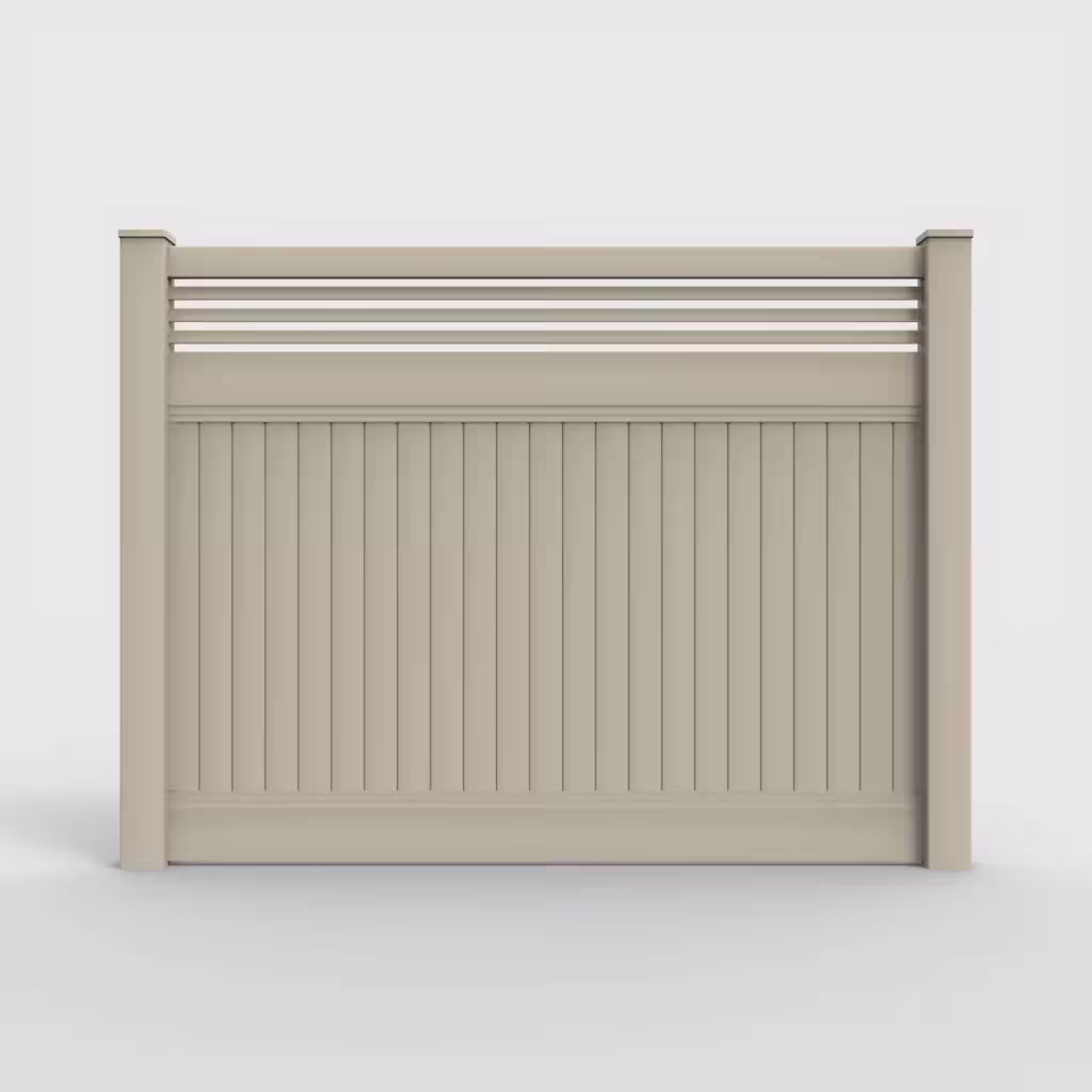 Tan vertical privacy with picket horizontal top 6 ft fence, front view