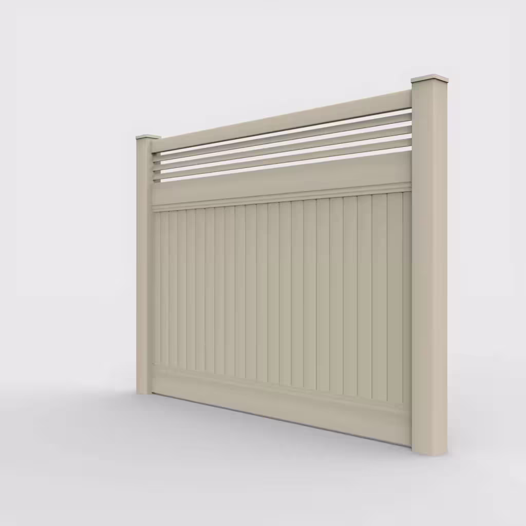 Tan vertical privacy with picket horizontal top 6 ft fence, left-side view