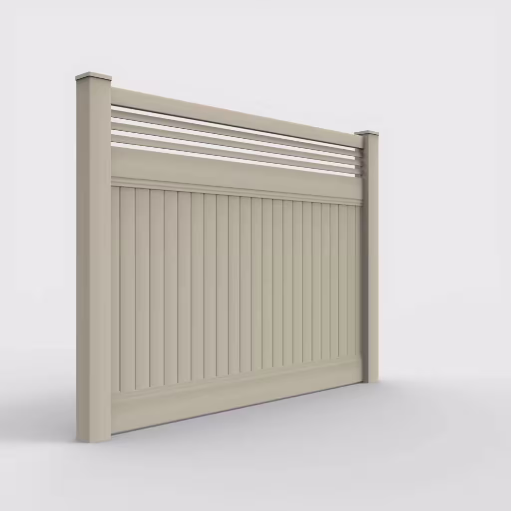 Tan vertical privacy with picket horizontal top 6 ft fence, right-side view