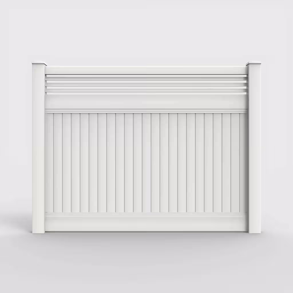 White vertical privacy with picket horizontal top 6 ft fence, front view
