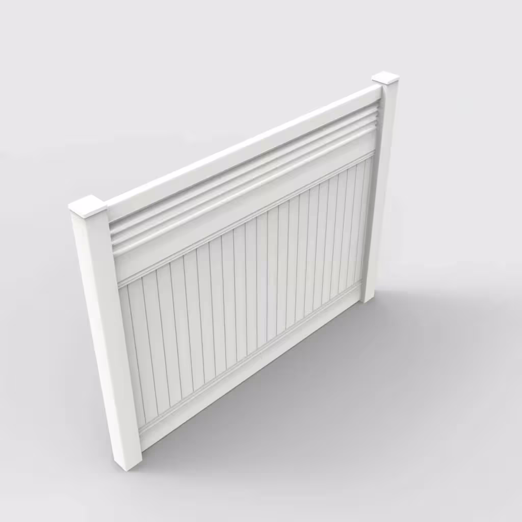 White vertical privacy with picket horizontal top 6 ft fence, isometric view