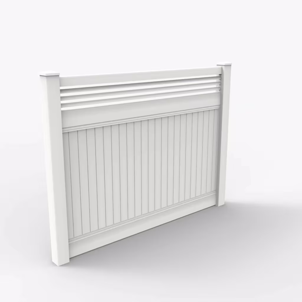 White vertical privacy with picket horizontal top 6 ft fence, main view