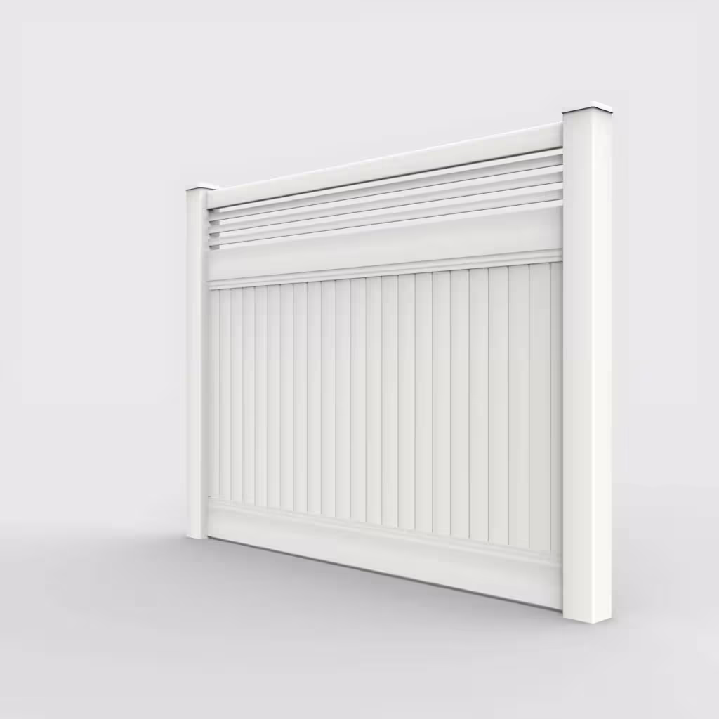 White vertical privacy with picket horizontal top 6 ft fence, left-side view