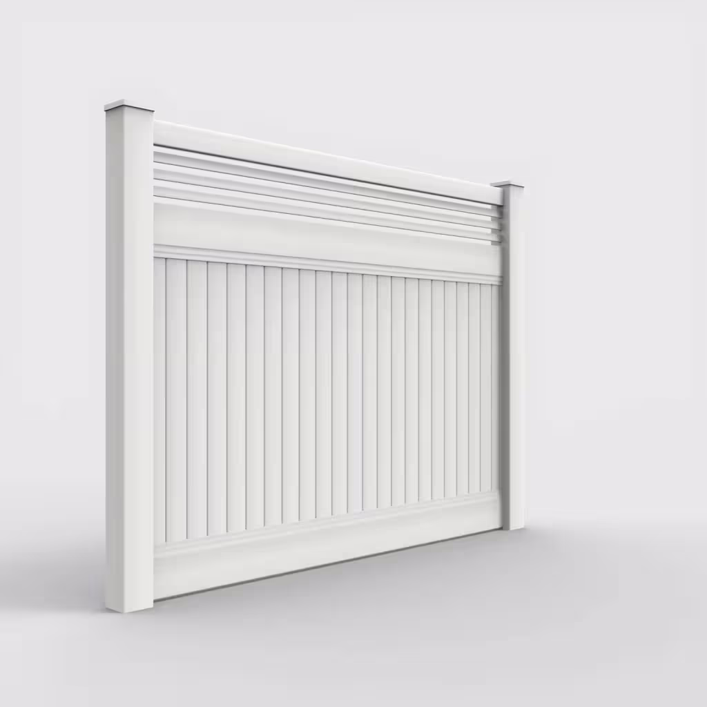 White vertical privacy with picket horizontal top 6 ft fence, right-side view