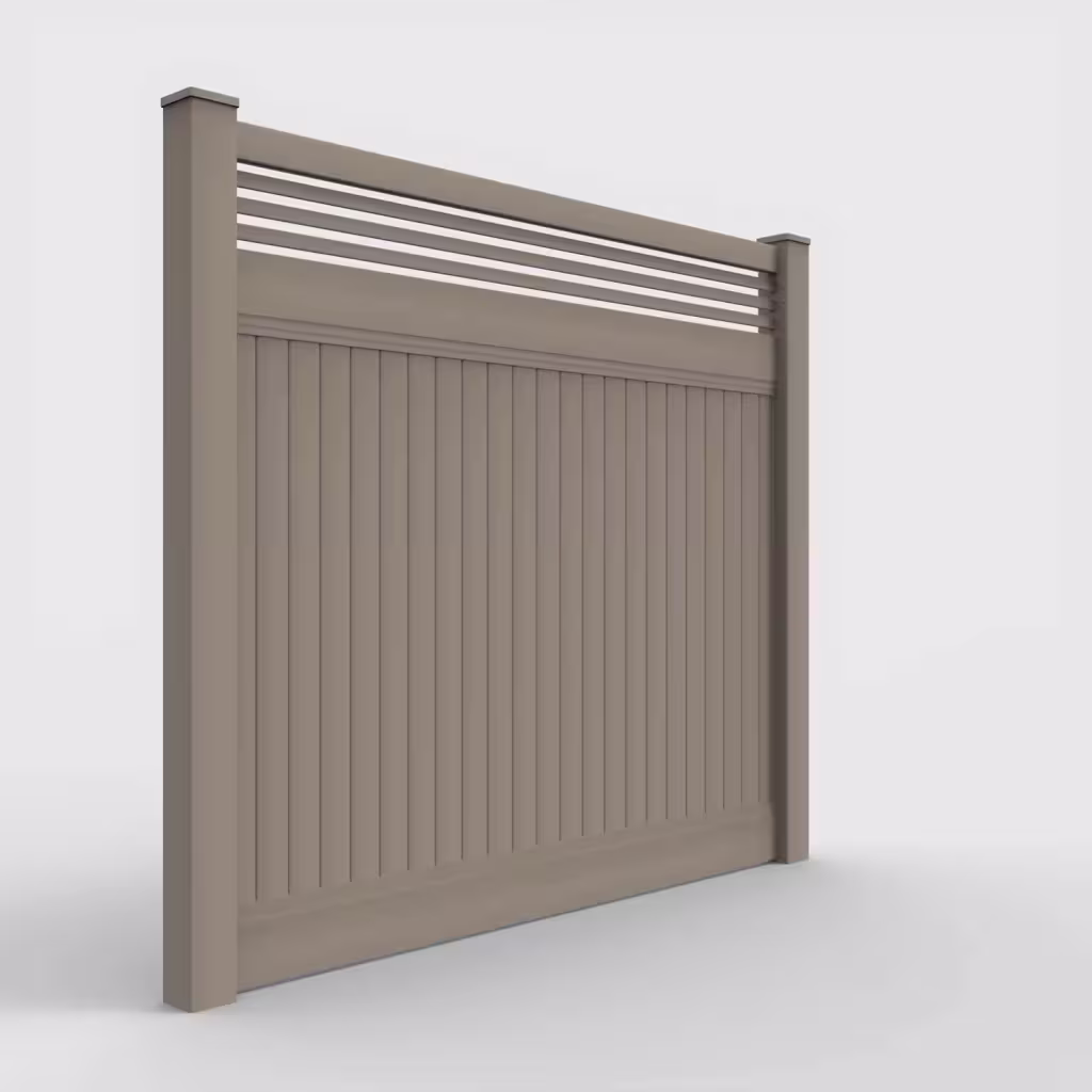 Clay vertical privacy with picket horizontal top 7 ft fence, right-side view