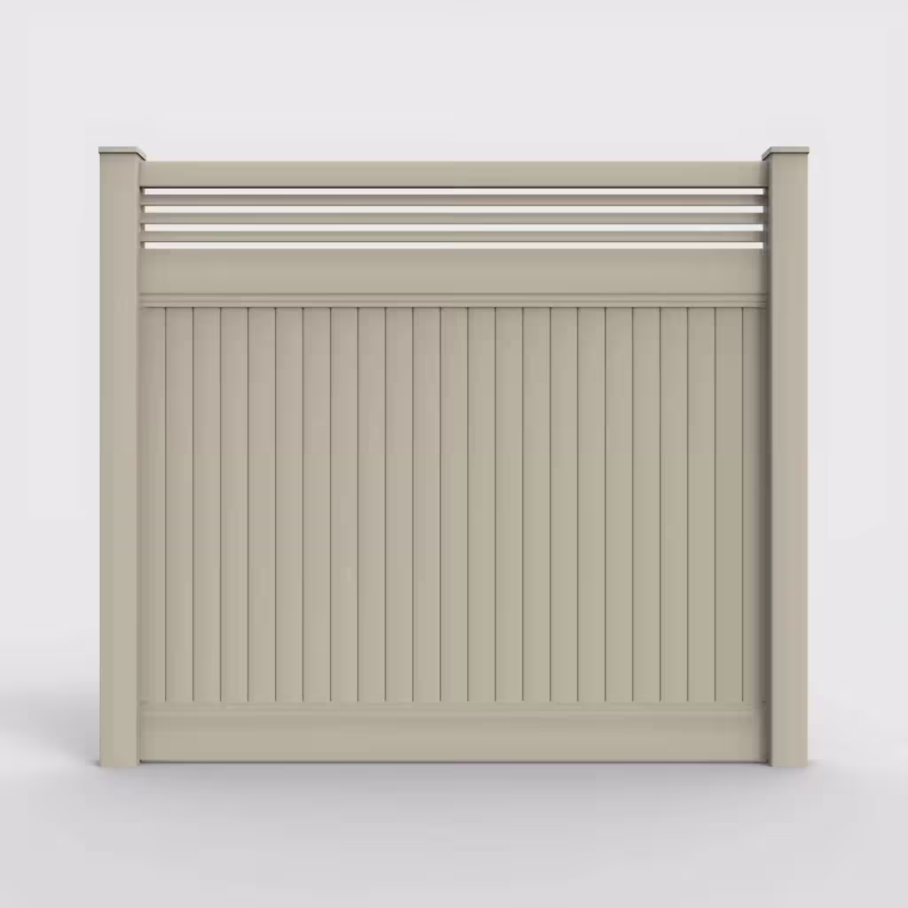 Tan vertical privacy with picket horizontal top 7 ft fence, front view