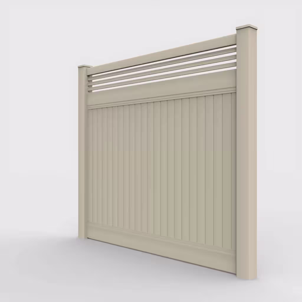 Tan vertical privacy with picket horizontal top 7 ft fence, left-side view