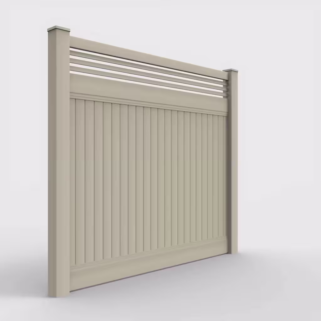 Tan vertical privacy with picket horizontal top 7 ft fence, right-side view
