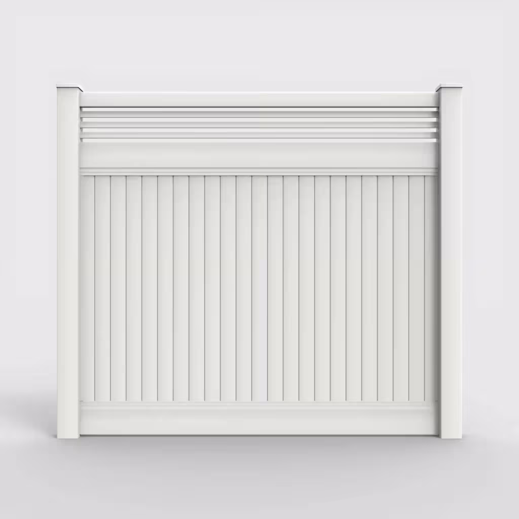White vertical privacy with picket horizontal top 7 ft fence, front view