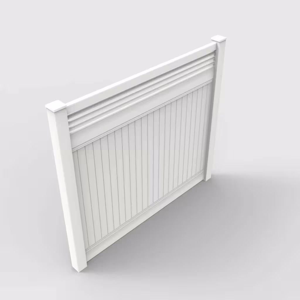 White vertical privacy with picket horizontal top 7 ft fence, isometric view