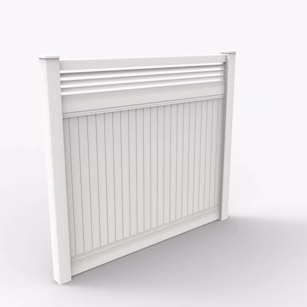 White vertical privacy with picket horizontal top 7 ft fence, main view