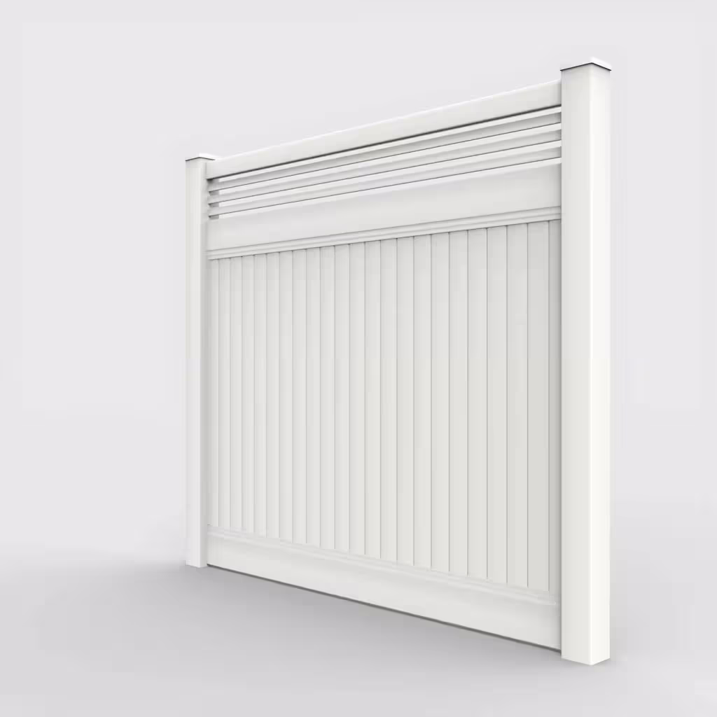 White vertical privacy with picket horizontal top 7 ft fence, left-side view