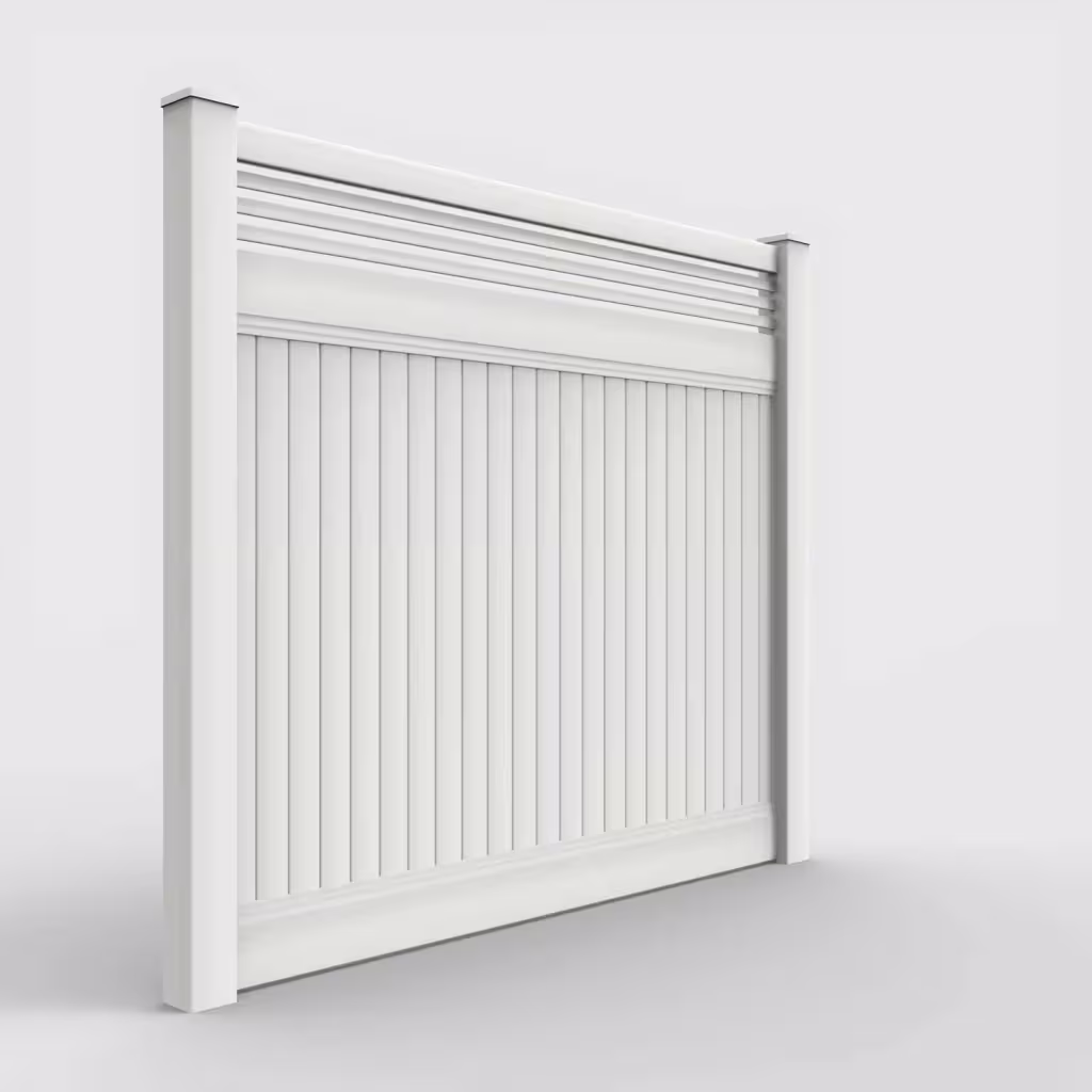 White vertical privacy with picket horizontal top 7 ft fence, right-side view