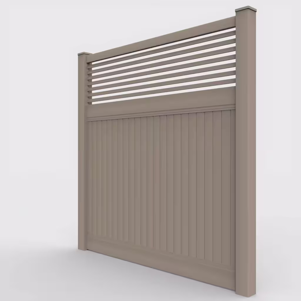 Clay vertical privacy with picket horizontal top 8 ft fence, left-side view