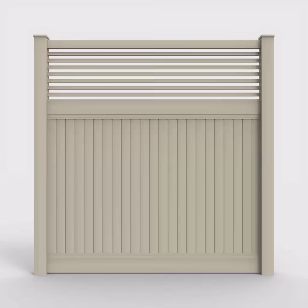 Tan vertical privacy with picket horizontal top 8 ft fence, front view