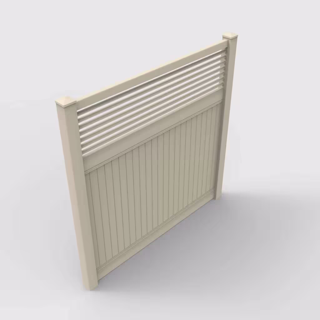 Tan vertical privacy with picket horizontal top 8 ft fence, isometric view