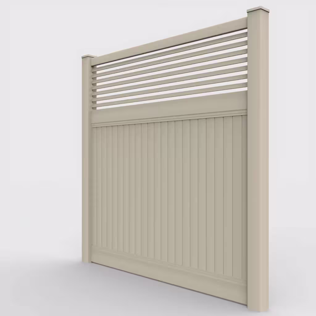Tan vertical privacy with picket horizontal top 8 ft fence, left-side view