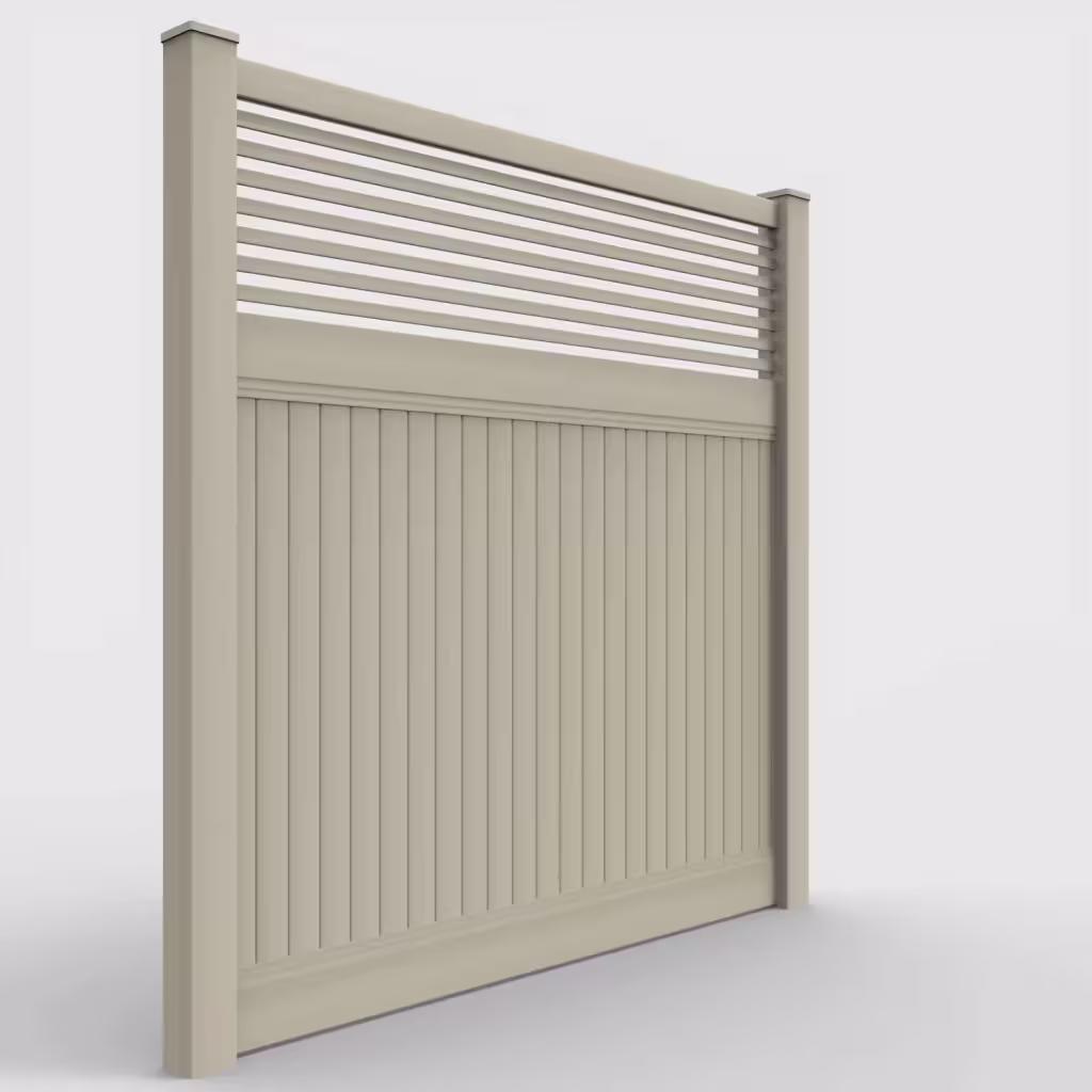 Tan vertical privacy with picket horizontal top 8 ft fence, right-side view