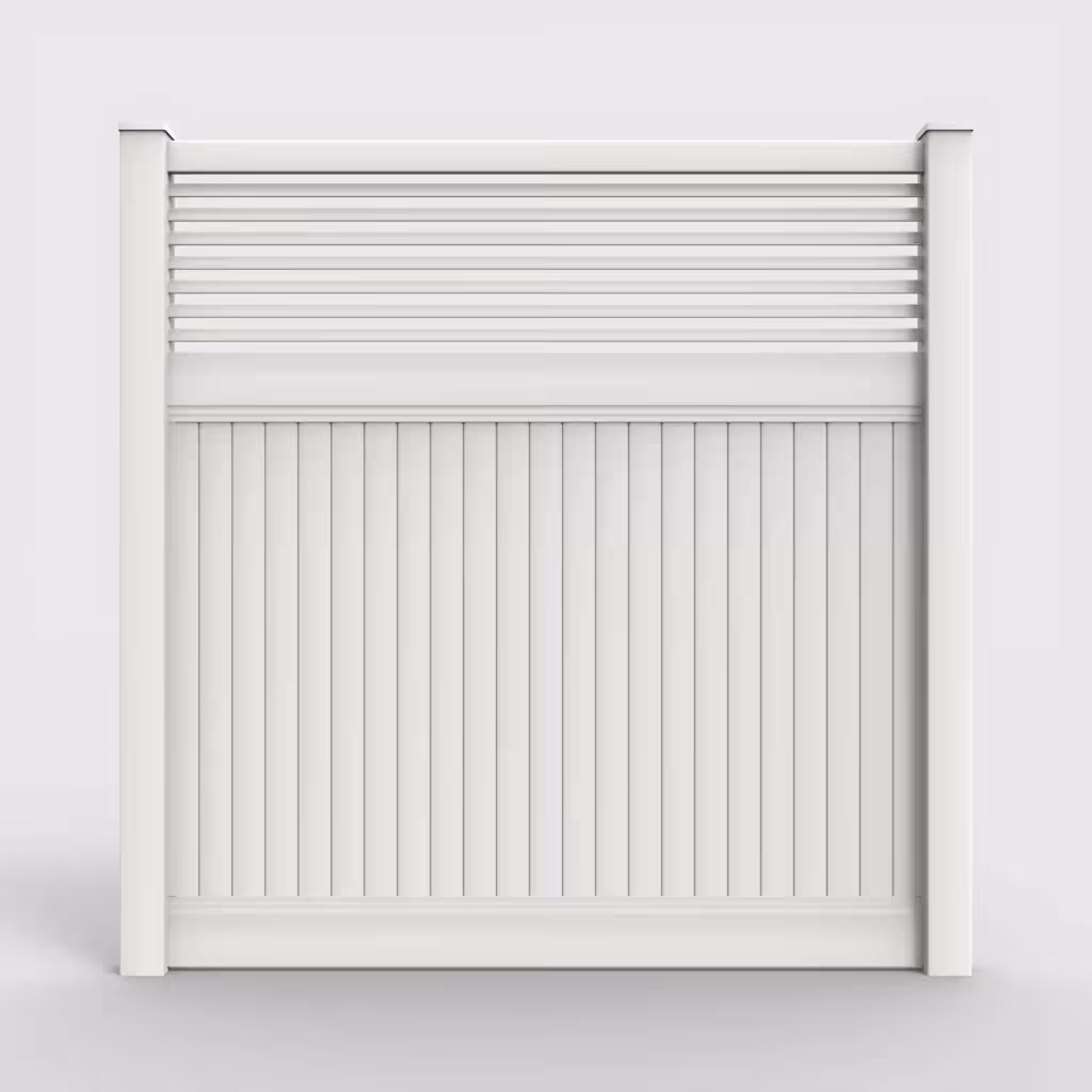 White vertical privacy with picket horizontal top 8 ft fence, front view