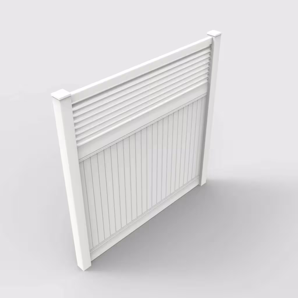 White vertical privacy with picket horizontal top 8 ft fence, isometric view
