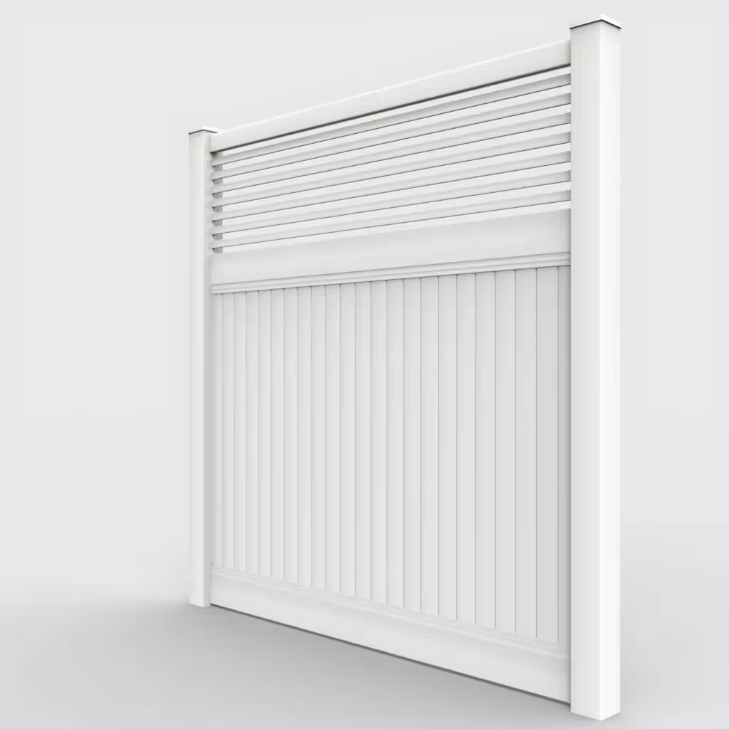 White vertical privacy with picket horizontal top 8 ft fence, left-side view