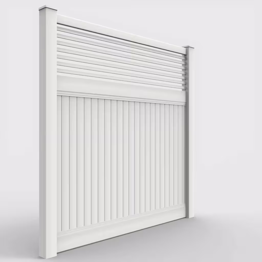 White vertical privacy with picket horizontal top 8 ft fence, right-side view
