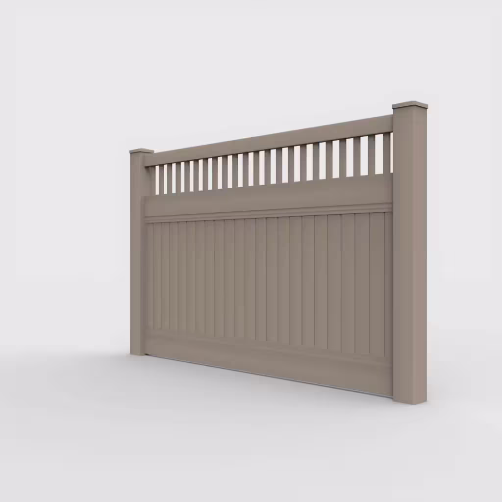 Clay vertical privacy with picket vertical top 5 ft fence, left-side view
