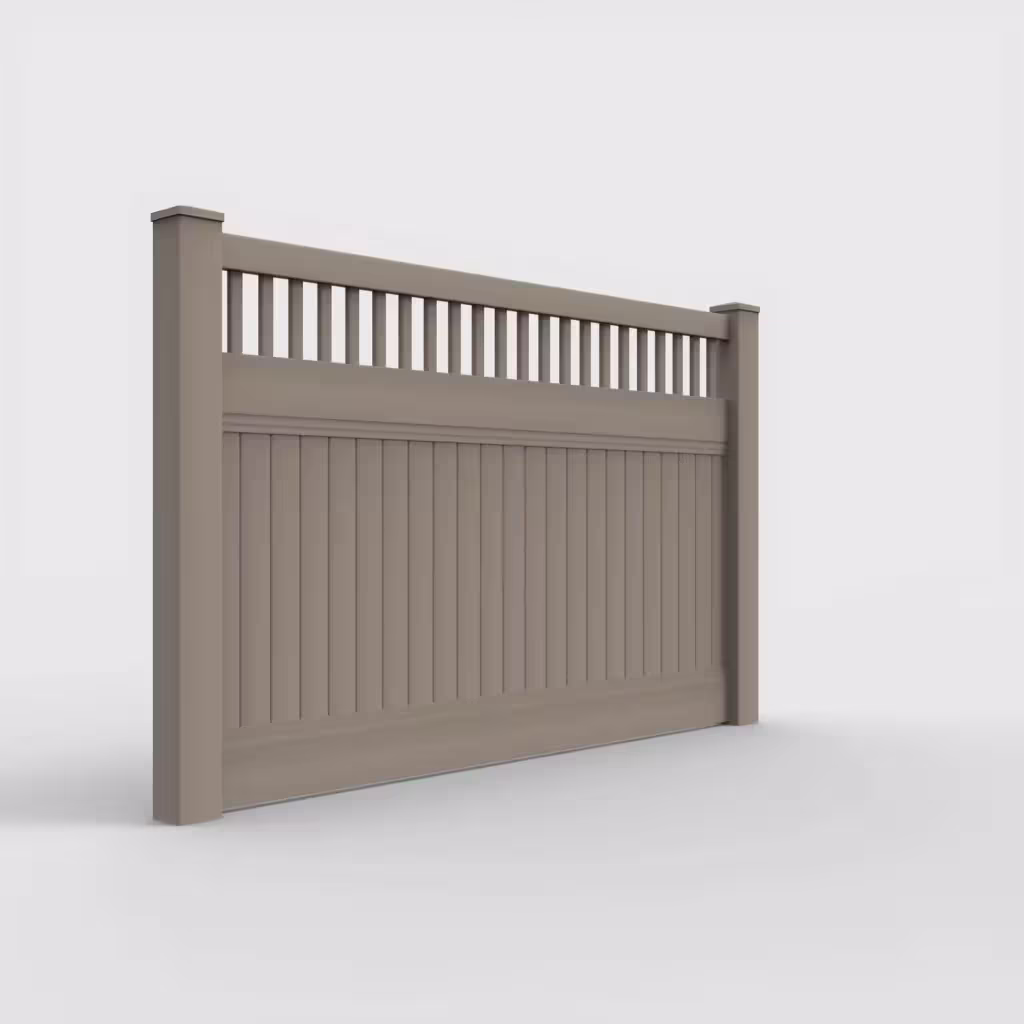 Clay vertical privacy with picket vertical top 5 ft fence, right-side view
