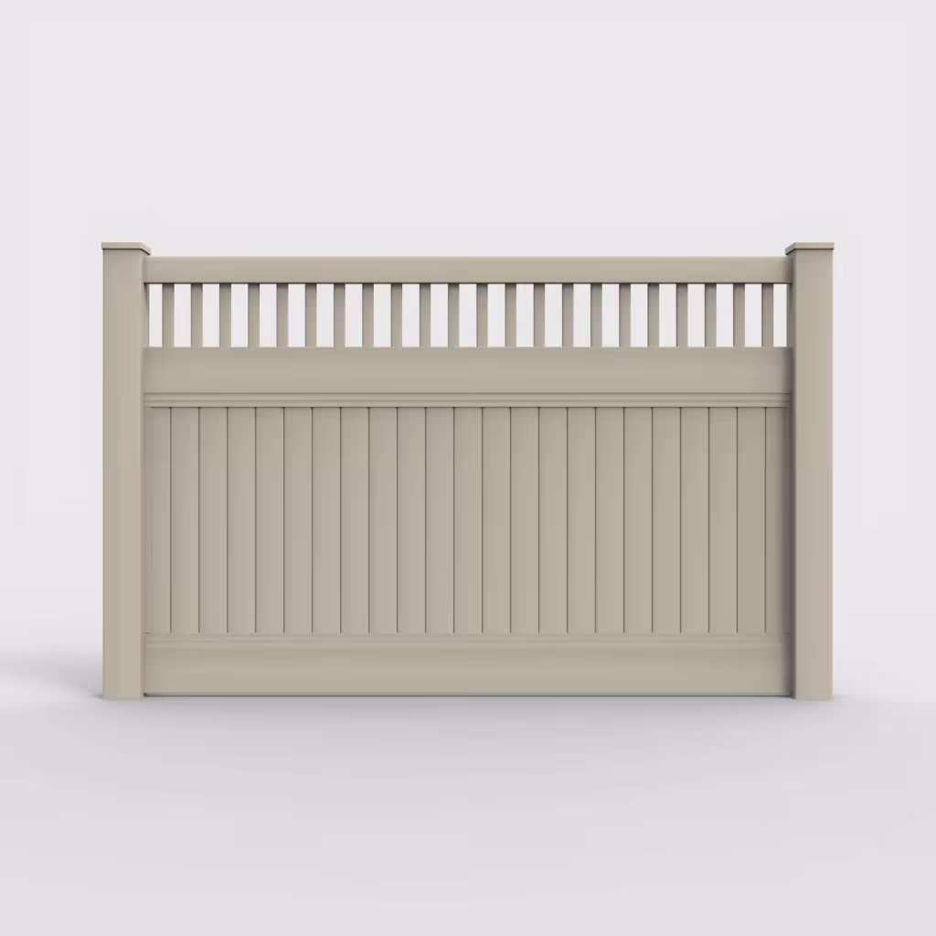 Tan vertical privacy with picket vertical top 5 ft fence, front view