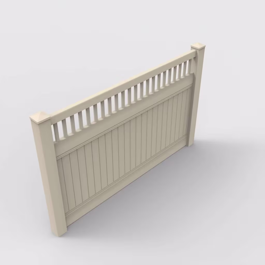 Tan vertical privacy with picket vertical top 5 ft fence, isometric view