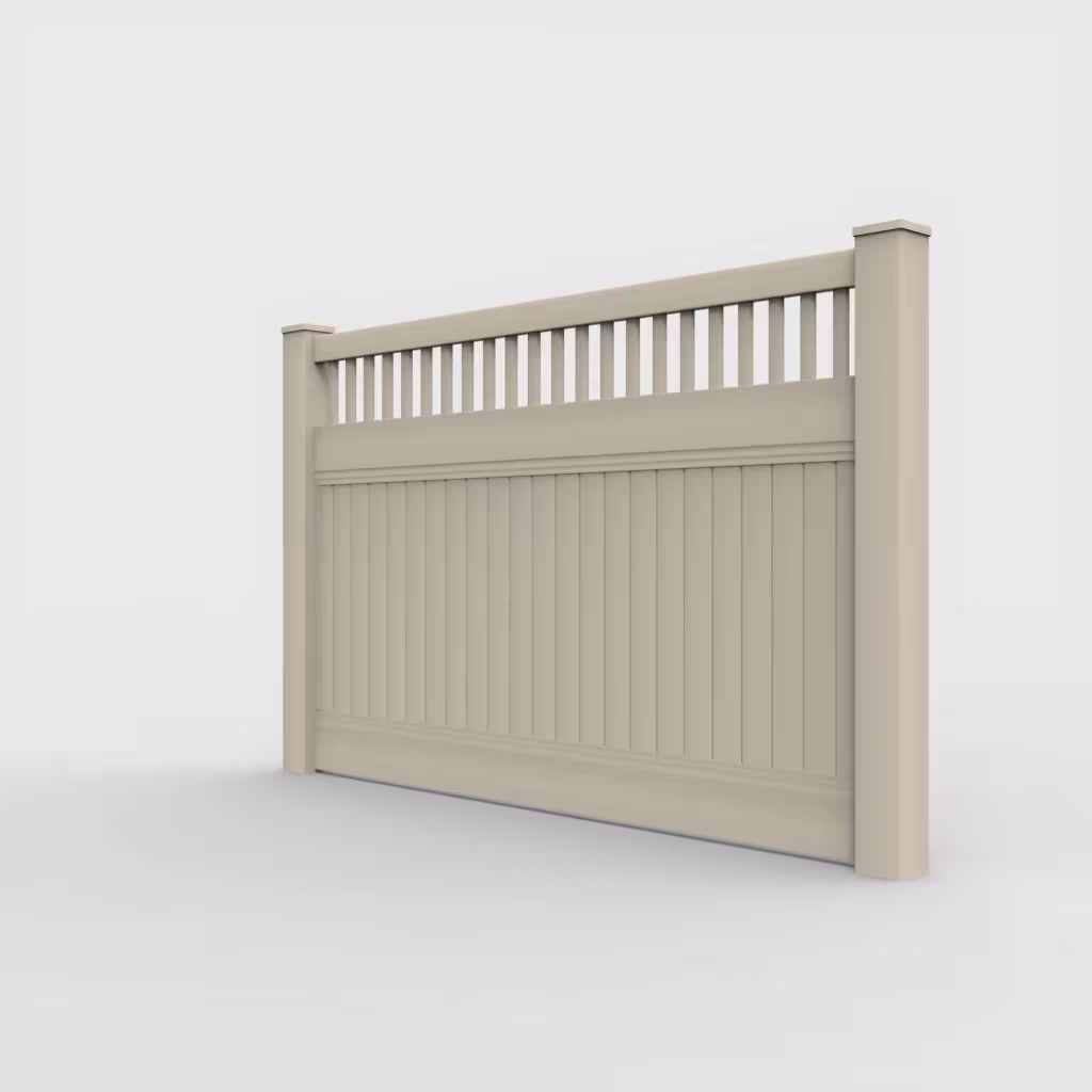 Tan vertical privacy with picket vertical top 5 ft fence, left-side view