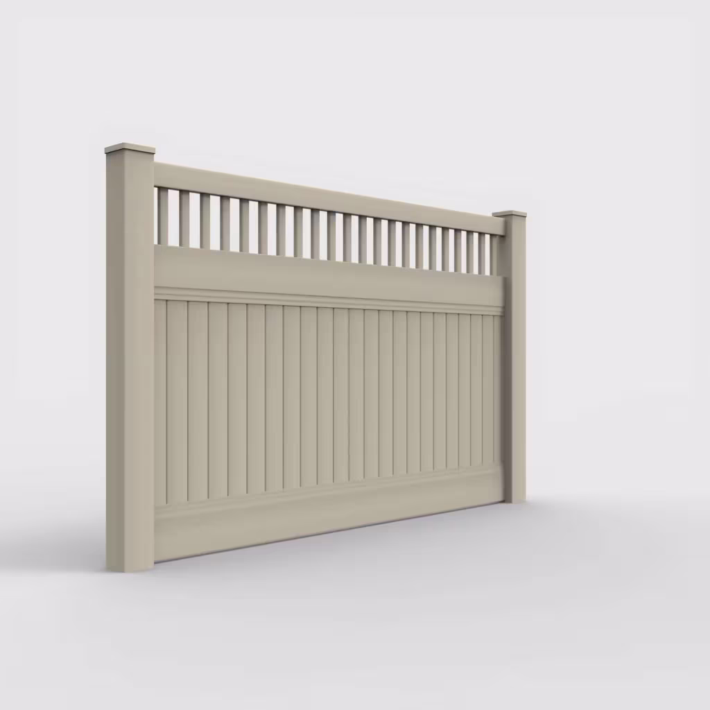 Tan vertical privacy with picket vertical top 5 ft fence, right-side view