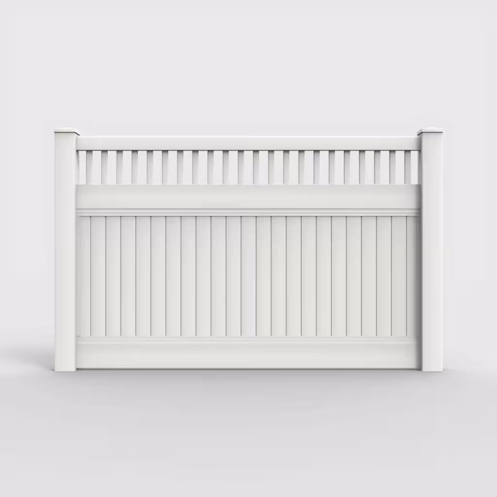 White vertical privacy with picket vertical top 5 ft fence, front view