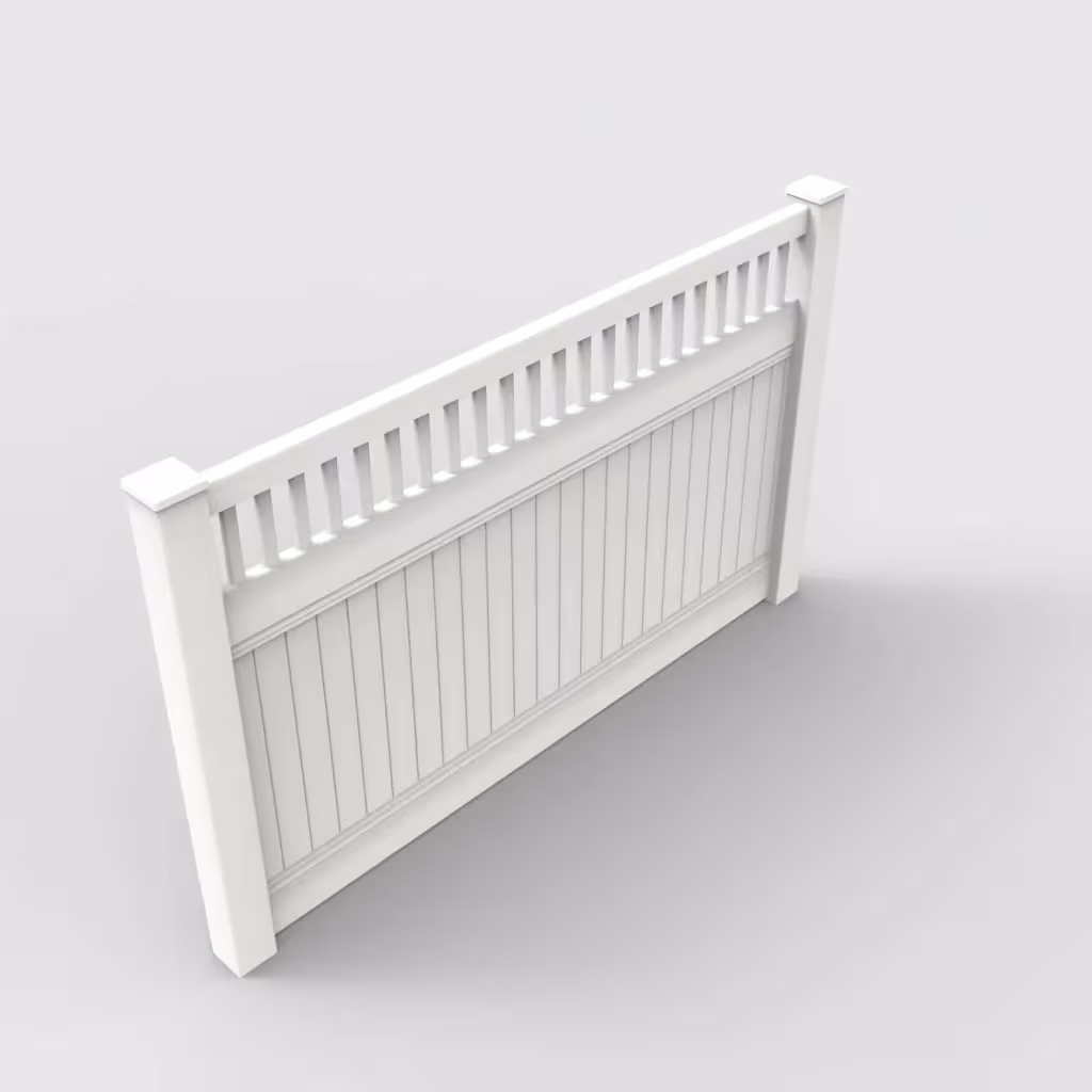 White vertical privacy with picket vertical top 5 ft fence, isometric view