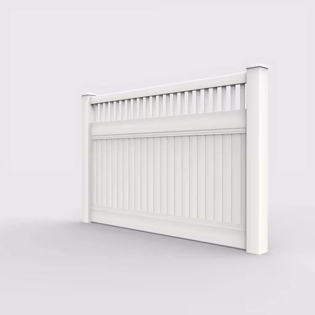 White vertical privacy with picket vertical top 5 ft fence, left-side view