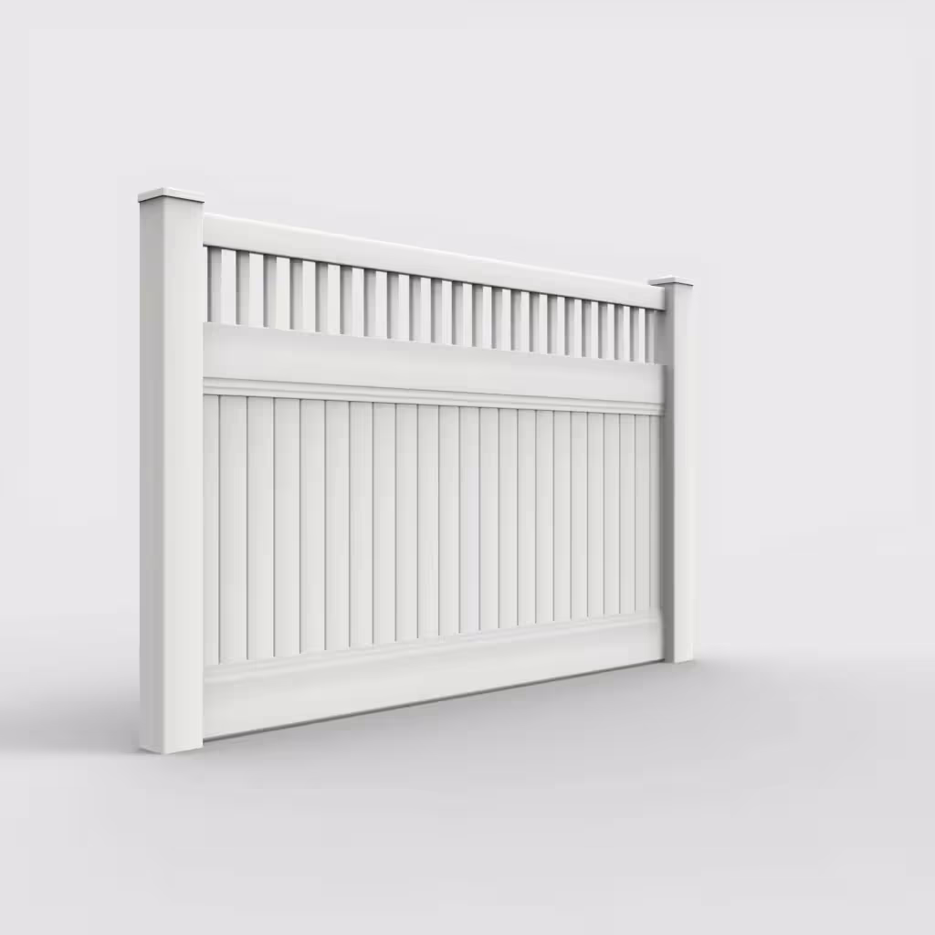 White vertical privacy with picket vertical top 5 ft fence, right-side view
