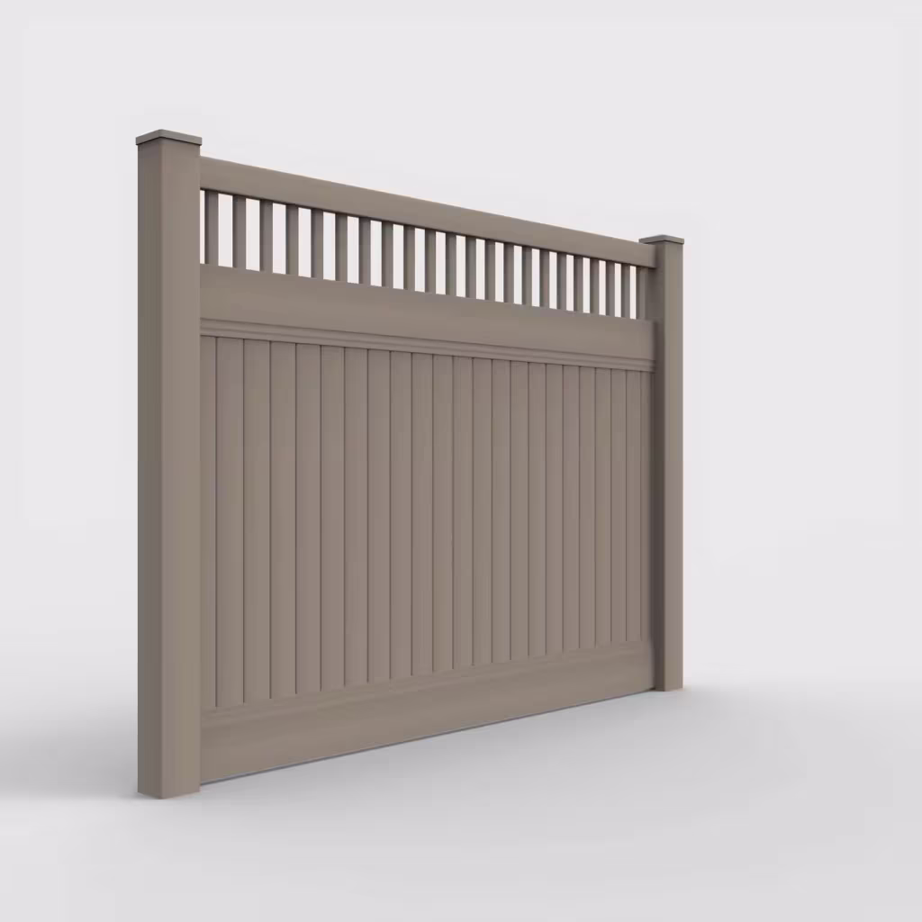 Clay vertical privacy with picket vertical top 6 ft fence, right-side view
