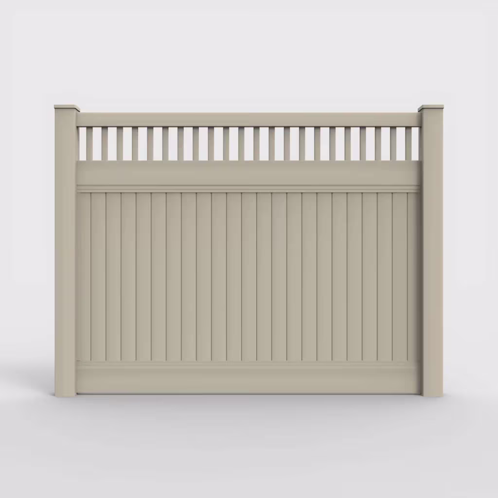 Tan vertical privacy with picket vertical top 6 ft fence, front view