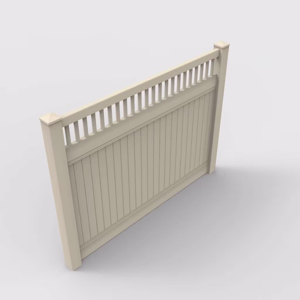 Tan vertical privacy with picket vertical top 6 ft fence, isometric view